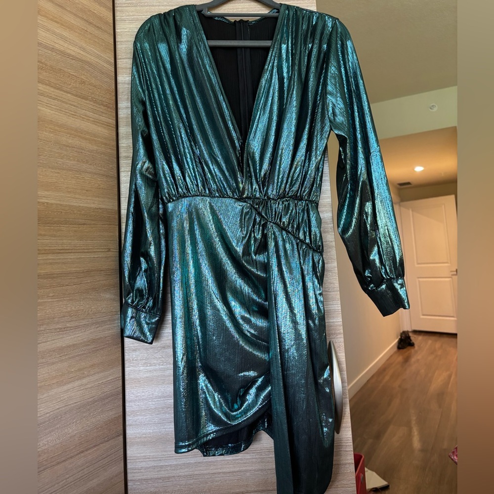 Shiny dress with a V neck and a zipper on the back.